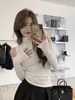Blanco de cuello alto, capa interior de hombros descubiertos, suéter de punto, camiseta de manga larga para mujer otoño/invierno, top elegante y con estilo