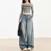 Jeans Wide Leg Azul Claro Estilo Americano Feminino Verão 2025 Novo Solto Emagrecedor Preguiçoso Dia a Dia Calça Reta
