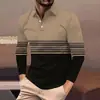 Camisa Polo Listrada Manga Longa Retrô para Homens, Top com Gola Respirável, Casual Solto, Não Amassa, Roupa Masculina para Negócios