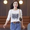 Playera de Algodón Puro para Mujer de Manga Corta, Verano Nueva Moda Estilo Coreano, Versátil Estampada Ajustada Hombro Regular Talla Extra Top
