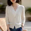 Cárdigan de punto con escote en V y detalles de encaje para mujer, nuevo estilo otoño e invierno, diseño de botones, elegante prenda exterior gris