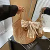 Bolso de Mano Casual de Gran Capacidad para Verano, Bolso de Hombro Tejido de Paja, Vacaciones en la Playa, Cinta de Color, Bolso Cruzado Tejido Hueco para Mujer