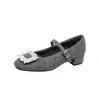 Sapatos Mary Jane de Tira Única Quentes Emagrecedores Salto Bloco Bico Quadrado Pequeno Veludo Interno Fivela de Diamante Mesmo Estilo para Mulheres Primavera e Outono 2026