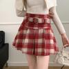 Falda de Cuadros Rojos de Año Nuevo Falda de Lana Principios de Otoño Talla Grande para Gorditas Cintura Alta Efecto Adelgazante Falda Corta de Línea A Falda Plisada