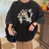 Camiseta de Manga Corta de Algodón Puro con Estampado de Gato Retro Estilo Coreano para Mujer, Top Holgado de Verano Lavado Vintage de Longitud Media, Moderno