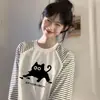 Camiseta de Manga Larga con Estampado de Gatito Lindo, Puntadas de Color Contrastante y Rayas para Mujer, Moda 2025, Top Versátil de Estilo Relajado