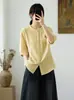 Camisa de Gasa de Algodón de Doble Capa con Cuello Alto y Mangas Medias para Mujer, Ropa de Verano, Estilo Japonés de Exportación, Top Suave y Amigable con la Piel de Algodón Puro de Media Manga