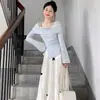 Falda Traje Dulce y Juguetona para Mujer, Nuevo Estilo Primavera y Verano, Manga Larga, Chic, Top Adelgazante, Moderna y Versátil Falda Media