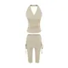 Pantalones Capri de Yoga para Mujer para Entrenamiento, Correr, Pilates, Cubre Glúteos, Fitness, Cintura Alta con Cordón y Conjunto de Tirantes Halter