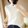 Suéter fino de tricô feminino personalizado de fábrica com gola alta discreta, suéter liso, top estiloso de manga curta, suéter de outono