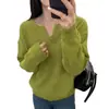 Suéter de Punto Holgado Estilo Coreano Simple Versátil Cuello en V Base Verde Nuevo para Mujer Otoño e Invierno 2025