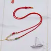Colar Pingente Fino de Jade 2mm com Nó de Transferência Trançado e Contas de Concha, Tira de Pescoço Ajustável para Homens e Mulheres