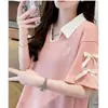 Camiseta de Manga Corta con Cuello Polo tipo Waffle para Mujer Talla Grande, Nuevo Estilo Verano 2025, Corte Holgado, Efecto Adelgazante, Top con Lazo