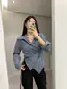 Blusa top de uma peça com lapela assimétrica listrada, design Dongdaemun coreano, para mulheres 19247