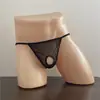 Calça T-string sexy transparente com recortes vazados para homens, vulnerabilidade dupla, malha elástica, calça T-string para atacado