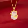 Collar de Gato de la Suerte de Plata S925 para Mujer, Estilo Lujo Ligero Colgante de Gato de Calcedonia Cadena para Clavícula Regalo de Vacaciones