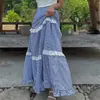 Saia Longa Elegante Nova Coreana Chic de Retalhos Xadrez com Renda Cintura Alta Elástico nas Costas