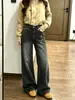 Pantalones de mezclilla lavada negros de moda para mujer con bordado de estrellas, corte holgado, efecto adelgazante, pierna ancha, estilo hasta el suelo