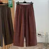 Foto real de calças xadrez de algodão e linho estilosas com cintura elástica e perna larga para mulheres, nova moda outono, calças cropped retas casuais folgadas
