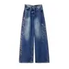 Jeans casual com design de strass lateral estiloso, novas calças retas largas de cintura alta para outono, soltas, modeladoras e versáteis