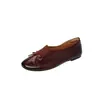 Sapatos Rasos de Couro Bovino de Primeira Camada Femininos de Cano Médio Sapatos Individuais Outono Novo Estilo Couro Genuíno Bico Redondo Sapatos Rasos com Laço Sapatos Individuais com Cor Esfregada