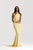 Vestido largo de cuello halter con escote en V profundo, fruncido en un lado, sin espalda, ajustado, bodycon, hasta el suelo, para fiesta de noche
