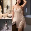 Yilele Lencería Sexy Pijamas Sexys para Mujer Seda de Hielo con Copas Profundo V Puro Deseo Tentación Pasión Pijama de Tirantes con Abertura