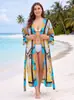 Roupa de Proteção Solar para Praia em Algodão Estampado Feminino Cardigan de Saída de Praia para Biquíni Saída de Praia para Roupa de Banho Comprimento Médio Moda Praia