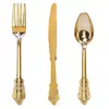 En stock juego de cubiertos occidentales desechables dorados, tenedor y cuchara, juego de cubiertos de oro rosa con relieve, tenedor y cuchara plateados