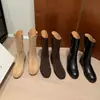 Botas de cuero completas para mujer, botas individuales, otoño nuevo, punta redonda, tacón bajo, tipo calcetín, moda, color liso, cómodas, botas para mujer
