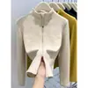 Camiseta térmica de manga larga para mujer, con cuello semi-alto de diseño, doble cremallera, forro polar cepillado, estilo nuevo otoño/invierno, cálida, corta, capa base