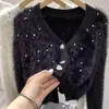 Chaqueta Cárdigan Tejida de Terciopelo Imitación de Visón con Perlas Estilo Pequeño Chanel para Mujer Otoño Invierno 2026 Cárdigan Tejido Holgado de Cuello Corto para Mujer