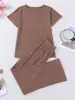 Pijama de Rayas de Punto Simple Estilo Europeo y Americano Seleccionado Cuidadosamente para Mujer, Ropa de Casa, Pijama Europeo y Americano de Cuello Redondo