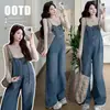 Conjunto de Macacão Jeans com Alças Finas Simples Casual e Top para Gestante Outono Dupla Face