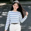 Conjunto de Dos Piezas Rayado de Verano para Niñas Estilo Coreano Casual Mangas Largas Shorts Niños Medianos y Grandes Ropa Elegante Ropa de Verano de Moda