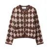 ZA AliExpress Venta Caliente Ropa de Mujer Transfronteriza Europea y Americana Otoño e Invierno Patchwork Color Patrón de Diamantes Cardigan de Punto