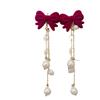 Pendientes Largos Ancora Vino Tinto con Lentejuelas Rojas, Lazo, Borla de Perlas, Pendientes Festivos de Otoño, Invierno y Año Nuevo