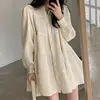 Estilo Chic Coreano 2026 Primavera y Otoño Nueva Versión Coreana Vestido de Solapa Plisado de Botonadura Única con Mangas Abullonadas para Mujer