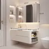 Gabinete Lateral Inteligente Combinado de Madera Maciza Estilo Crema de Lujo Ligero Gabinete de Baño con Lavabo Cerámico Integrado