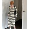 Vestido Longo Color Block com Padrão de Caranguejo de Cinco Listras para Mulheres, Elegante de Caimento Justo para Início de Outono, Comprimento Médio
