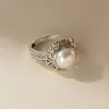 Anillo Nalan de Plata de Ley S925 Patrón de Perla de Plata Tailandesa, Anillo Rayado Hueco Rústico Artístico Retro R03646