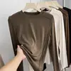 Camiseta de Manga Larga con Hombro Recto Adelgazante Diseño Nuoji Jiji para Mujer Otoño/Invierno Suave Cómoda Agradable a la Piel Cuello Redondo Top de Capa Base
