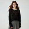 Otoño Invierno Nuevo para Mujer 35 Cachemir Holgado Adelgazante Cuello Redondo Ganchillo Textura Hueca Suéter Cálido Capa Base Tejidos