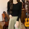 Outono e Inverno Gola Redonda Slim Fit Justo Manga Longa Malha Básica Suéter Curto Versátil para Mulheres Roupa Íntima Preto Tamanho Único