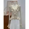 Puro Deseo Estilo Chica Picante Suéter de Punto de Manga Larga para Mujer Otoño Invierno Nuevo Cuello con Volantes Adelgazante Chic Top Corto