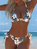 Maiô bikini de gola halter com estampa de flor de hibisco tropical cinza para mulheres, maiô de duas peças com estampa de estrela-do-mar, fivela metálica sexy com amarração lateral