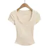 Camiseta de Verano Estilo Puro Deseo Ajustada Cintura de Reloj de Arena Hombro Normal Top Sexy de Manga Corta con Cuello en V Profundo Estilo Chica Caliente Americana para Mujer