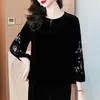 Top de Terciopelo de Seda para Mujer Negro Nuevo Estilo Nacional Chinoiserie Camisa Talla Grande Bordada Manga Tres Cuartos Camisa de Seda de Morera Otoño
