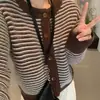 Cárdigan de punto de lana 100% pura con cuello redondo a rayas, estilo Chanel, para mujer, top grueso, abrigo base