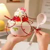 Tigela de Bolo de Morango Tendência 2025 Alta Estética Esmalte Inferior Tigela de Sobremesa com Creme Louça Tigela de Bolo Hellokitty
